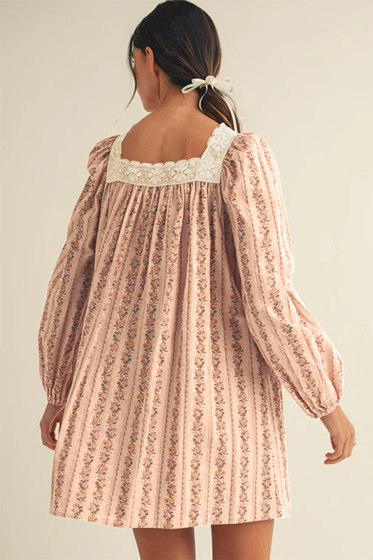 Khaki Floral Print Contrast Velvet Bow Lace Patchwork Long Sleeve Loose Mini Dress