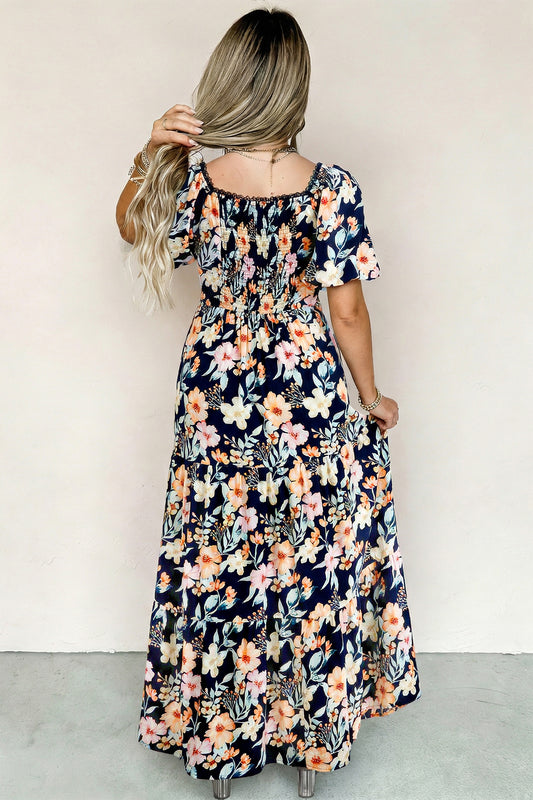 Blue Short Sleeve Smocked Detail High Waist Floral Maxi Dress