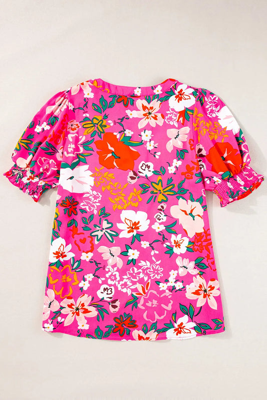 Rose Floral Printed Split V Neck Puff Sleeve Blouse - Chic Meadow Boutique