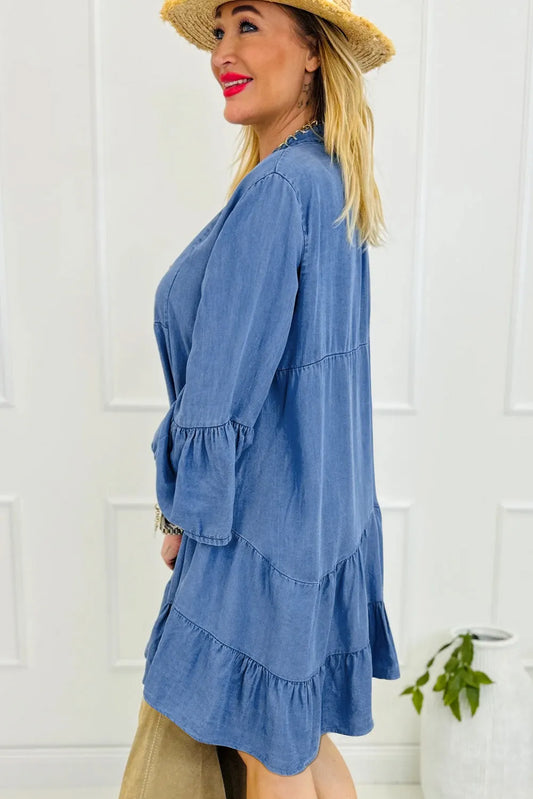 Sky Blue Chambray Ruffled 3/4 Sleeve Tiered Split V Neck Mini Dress - Chic Meadow Boutique