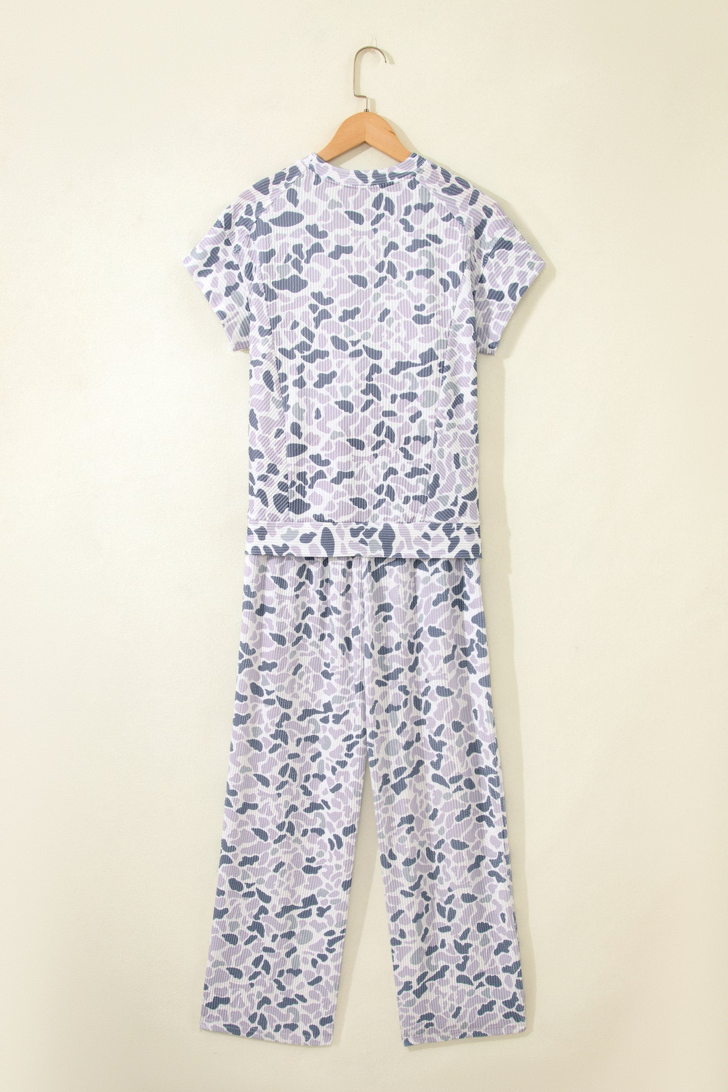 Beige Camouflage Print Twisted Rib Loose Tee Drawstring Pants Set