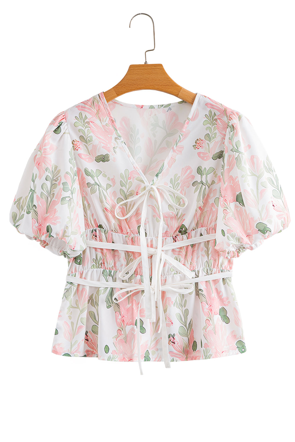 Pink Floral Puff Sleeve V Neck Tied Front Peplum Blouse