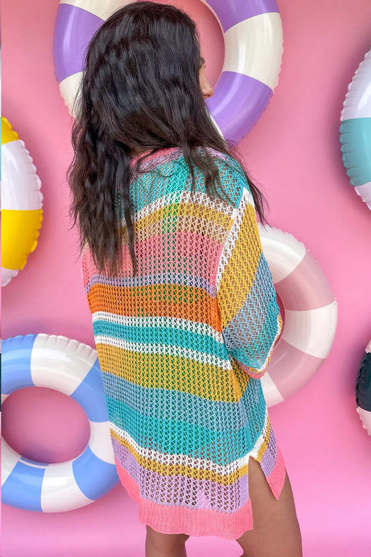 Pink Stripe Plus Size Open Knit Patch Pocket Short Sleeve Sweater - Chic Meadow Boutique