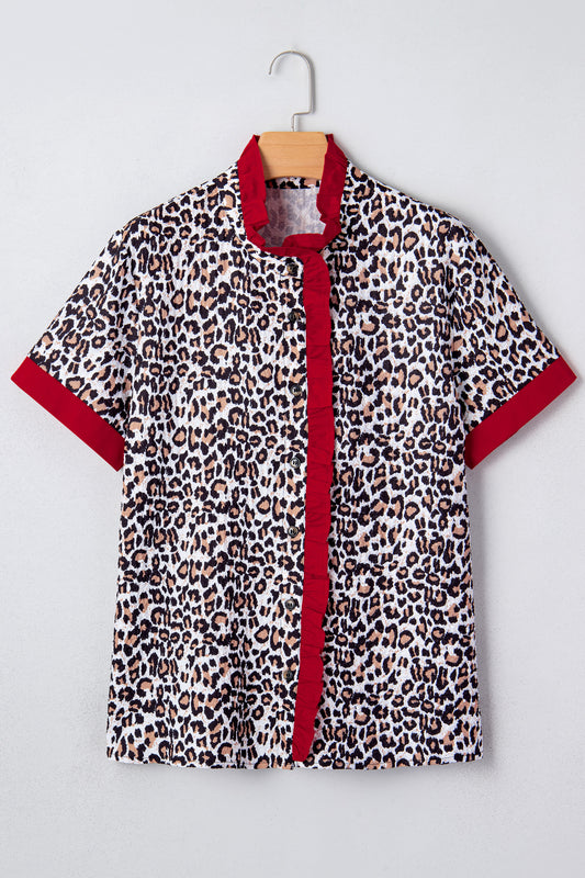 Khaki Contrast Frilled V Neck Trimmed Leopard Shirt