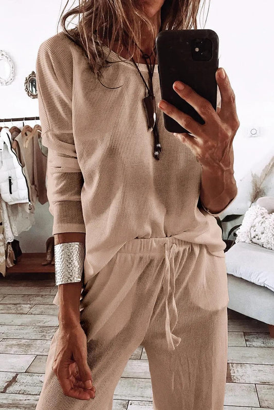 Loungewear & Sleepwear/Loungewear Parchment Textured Long Sleeve T Shirt and Pants Lounge Set