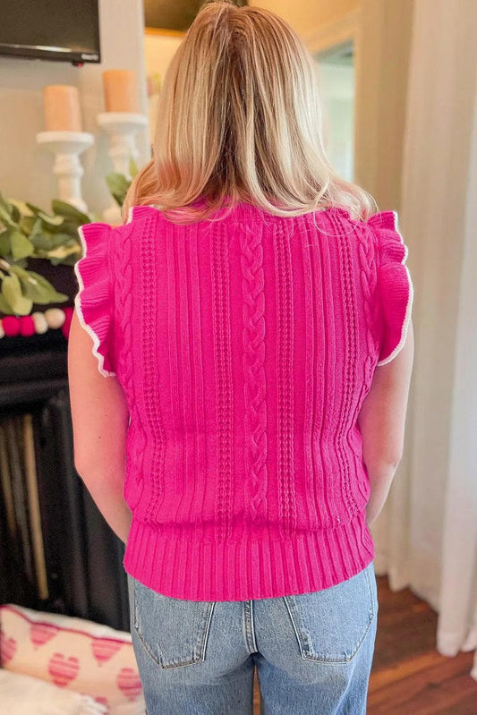 Sweaters & Cardigans/Sweater Vests Strawberry Pink Textured Knit Ruffled Mock Neck Sweater Tank