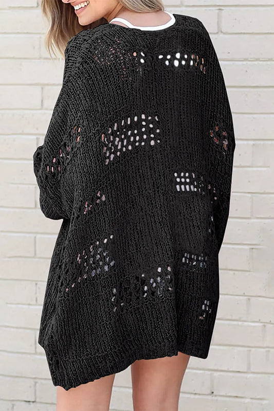 Black Casual Hollowed Knit Dolman Sleeve Cardigan - Chic Meadow Boutique