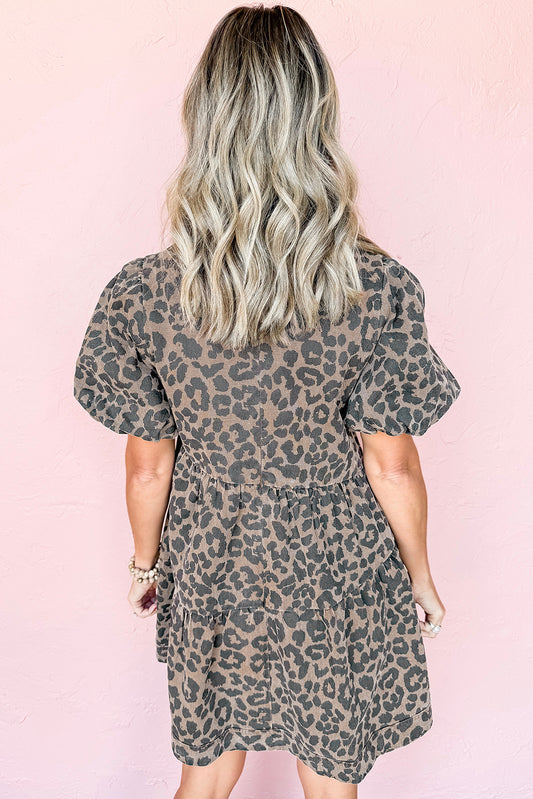 Brown Denim Leopard Printed Short Puff Sleeve Mini Dress