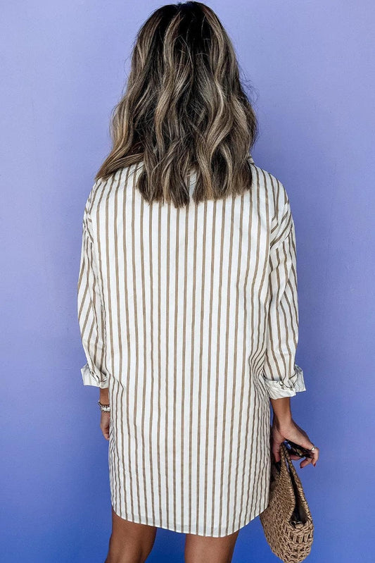 Dresses/Mini Dresses Khaki Stripe Long Sleeve Button Up Mini Shirt Dress