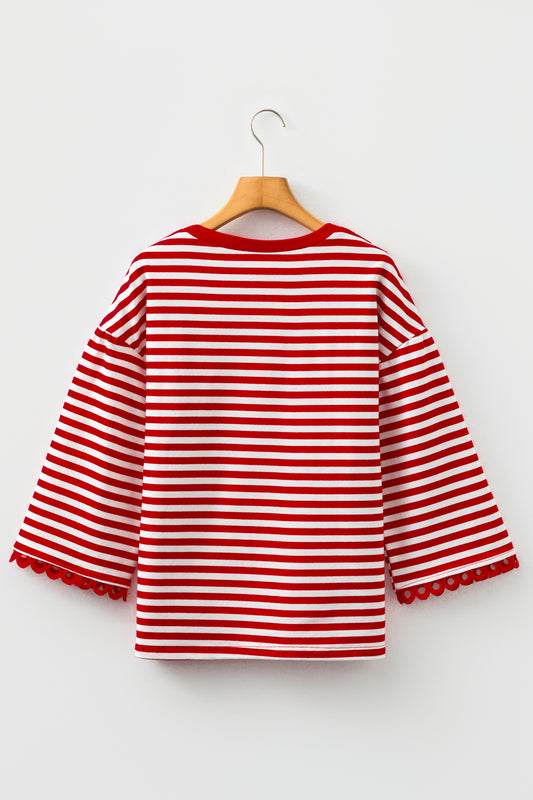 Racing Red Striped Print Drop Shoulder Lace Trim Bracelet Sleeve Loose Top