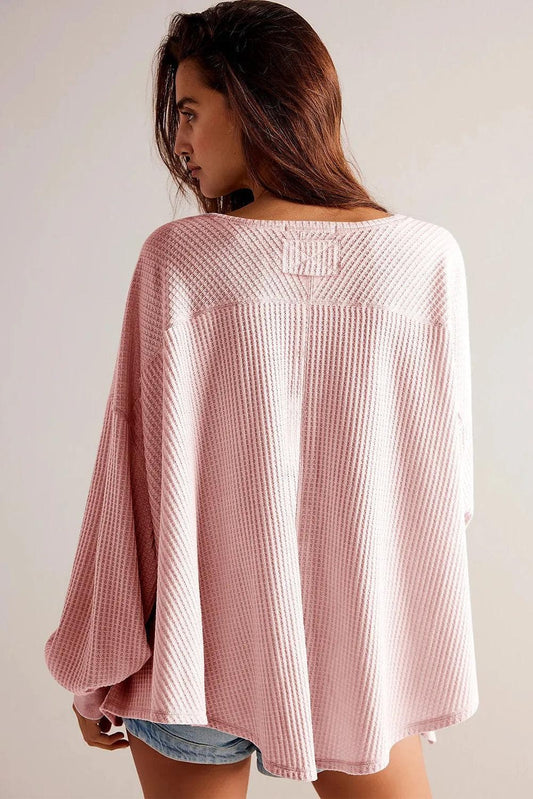 Tops/Blouses & Shirts Light Pink Waffle V Neck Long Sleeve Drop Shoulder Loose Blouse