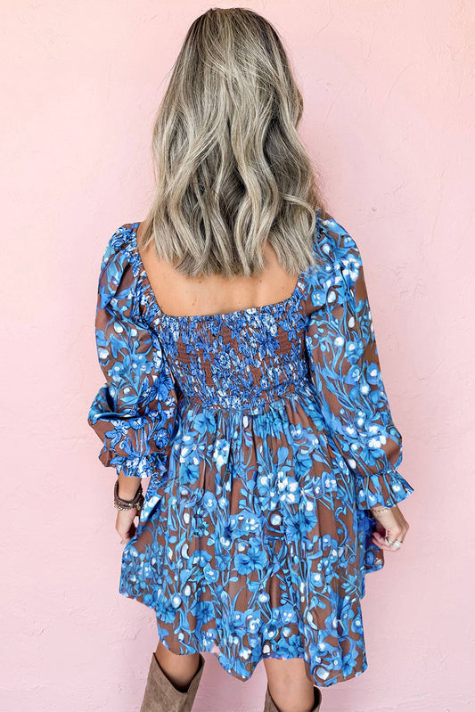 Blue Smocked Bodice High Waist Ruffled Sleeve Floral Dress