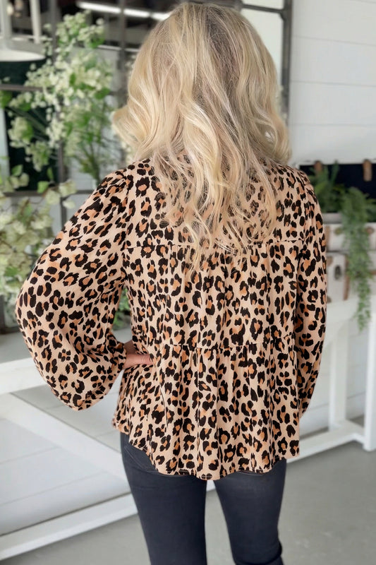 Khaki Leopard Print Tie Front Long Puff Sleeve Blouse