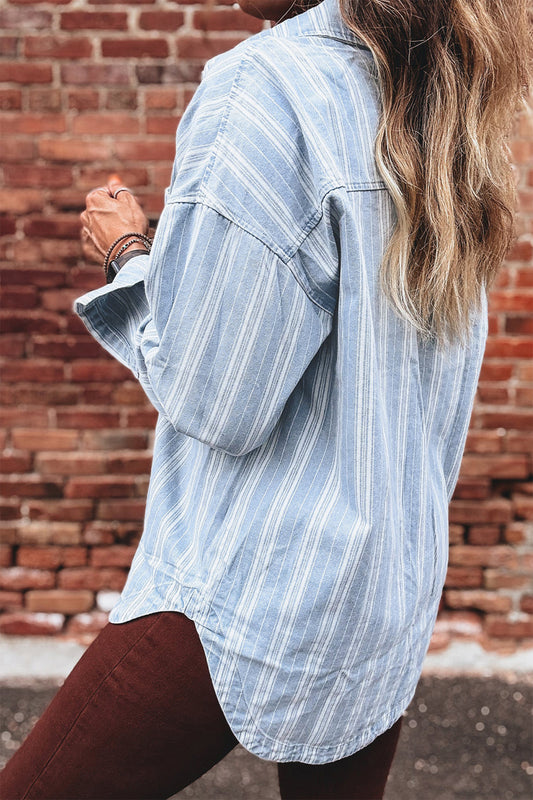 Sky Blue Stripe Boyfriend Chest Pocket Classic Denim Shacket