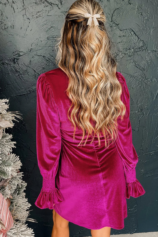 Rose Red Smocked Mock Neck Ruffled Puff Sleeve Velvet Mini Dress - Chic Meadow Boutique