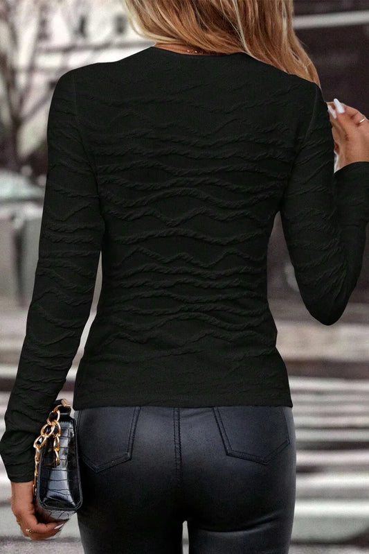 Black Solid Wavy Textured Slim Fit Long Sleeve T Shirt - Chic Meadow Boutique