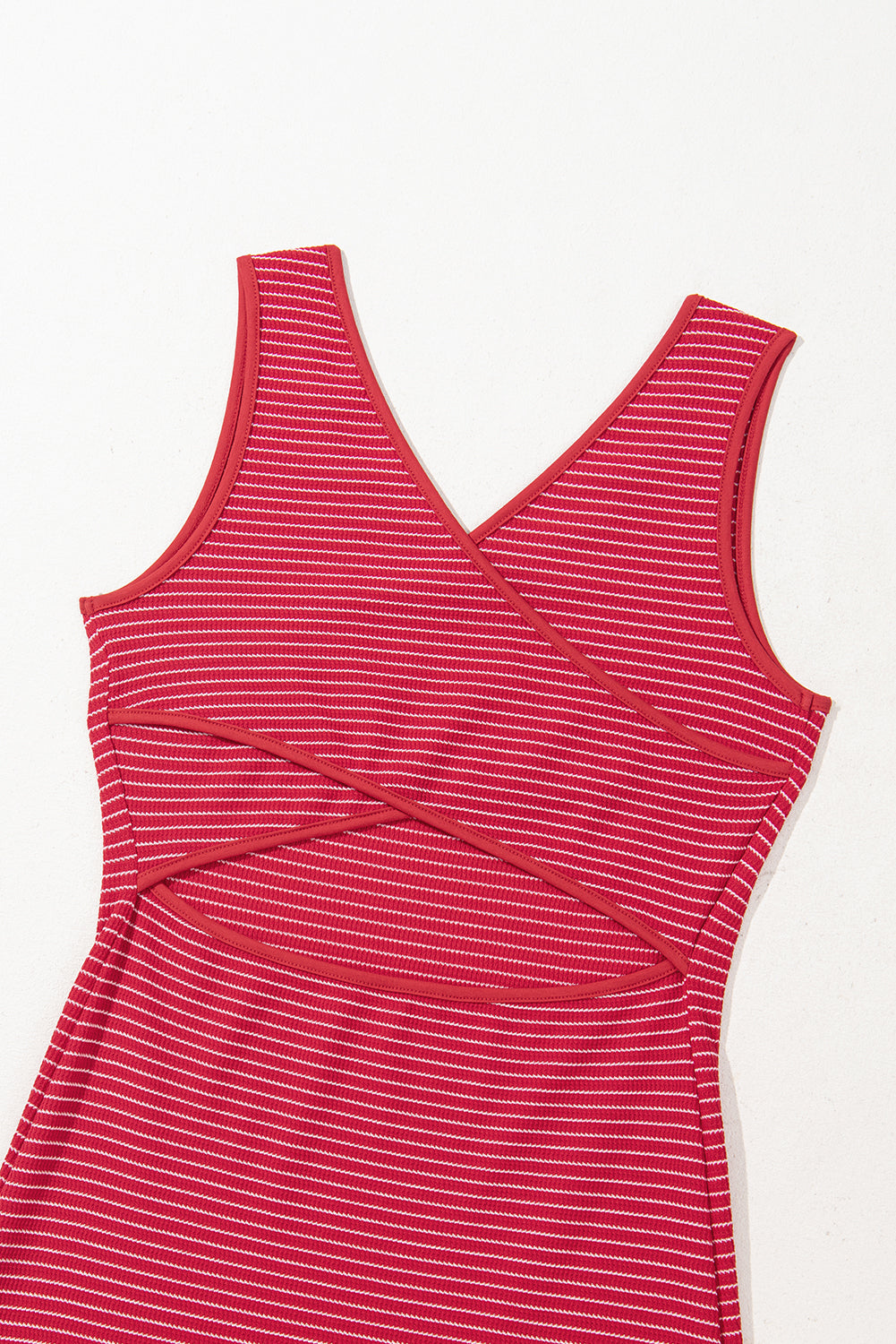 Red Stripe Criss Cross Side Slits Slim Fit Sleeveless Midi Dress