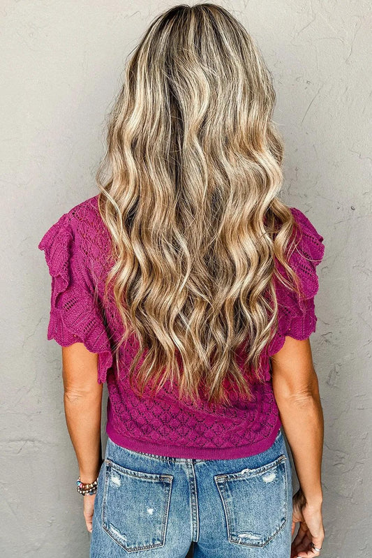 Tops/Short Sleeve Sweaters Violet Ruffled Short Sleeve Textured Knit Sweater