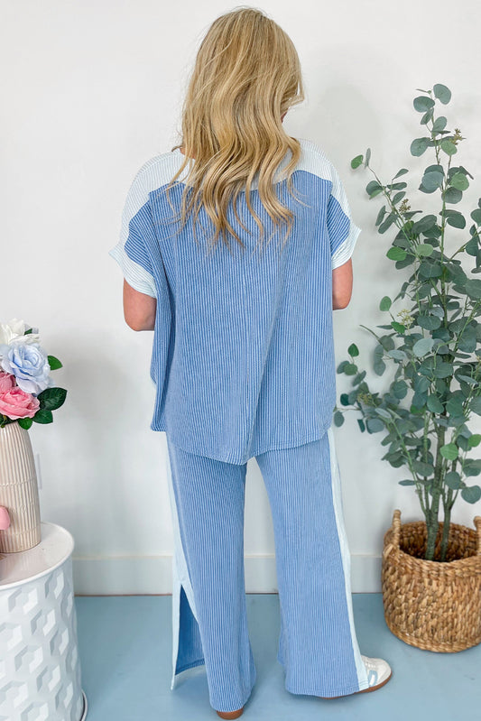 Sky Blue 2-tone Colorblock Patchwork Corded 2pcs Outfit