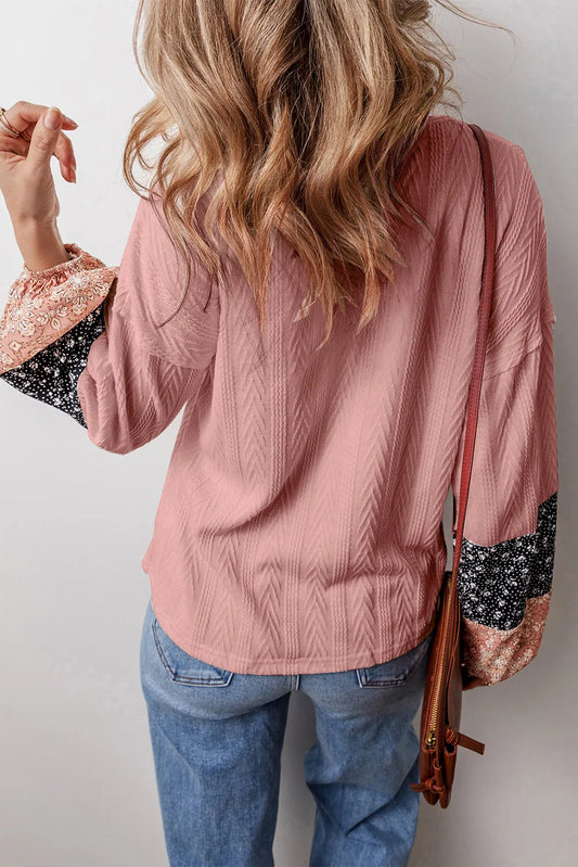 Dusty Pink Floral Patchwork Textured Knit Drawstring V Neck Blouse - Chic Meadow Boutique