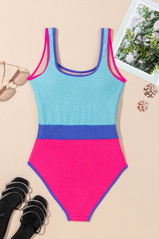 Rose Red Textured Color Block Patchwork One Piece Swimsuit
