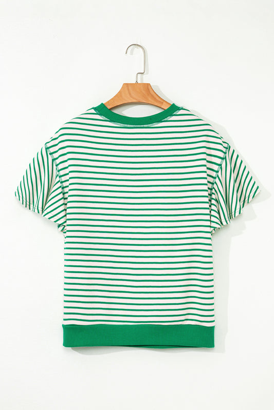 Bright Green Contrast Detail Striped Ruffle Short Sleeve Top