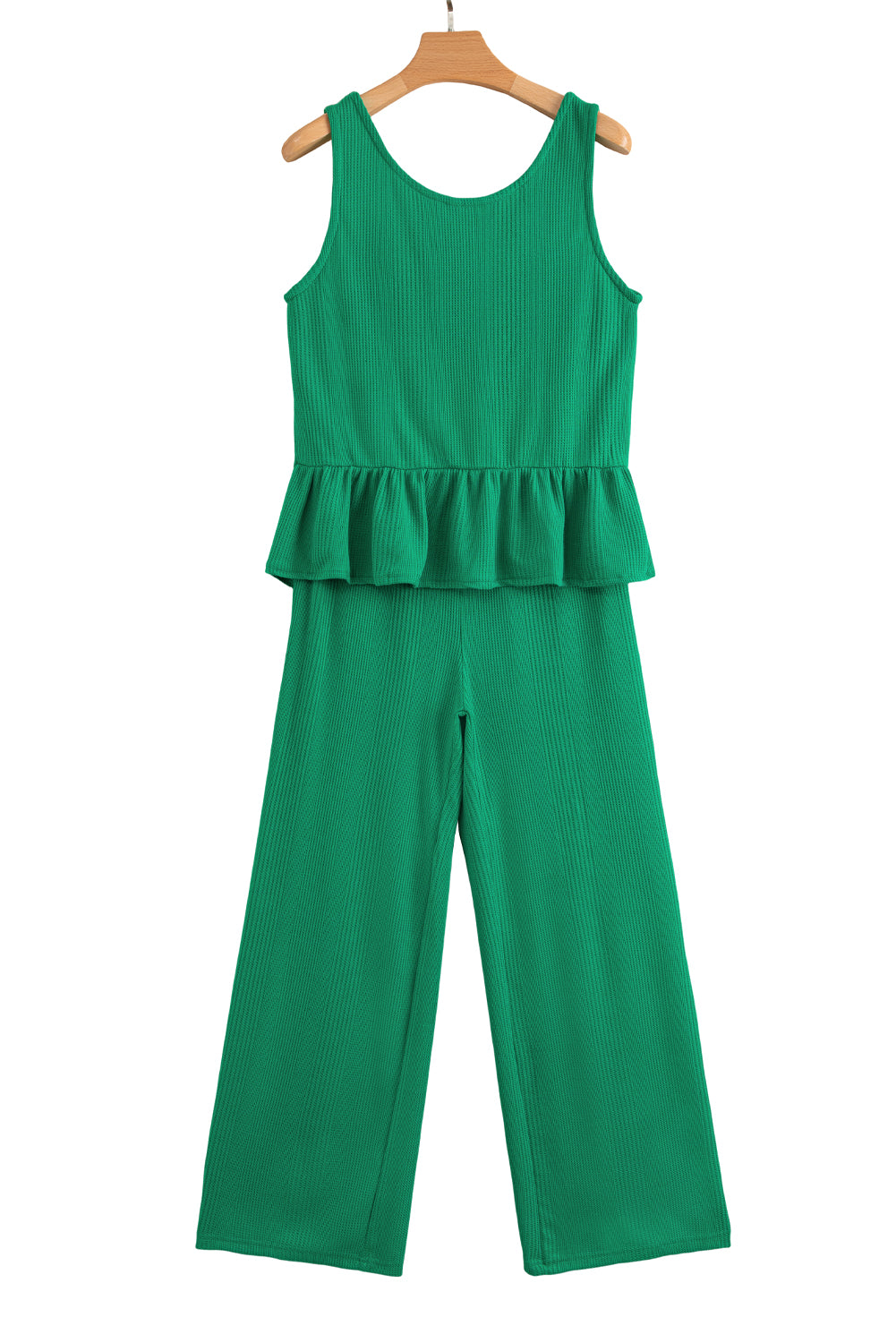 Green Solid Color Ribbed Ruffle Tank Top and Pants Set
