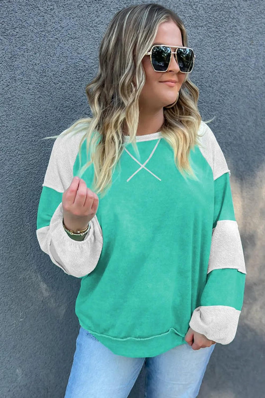 Plus Size/Plus Size Sweatshirts & Hoodies Aruba Blue Colorblock Patchwork Cross Seam Plus Sweatshirt