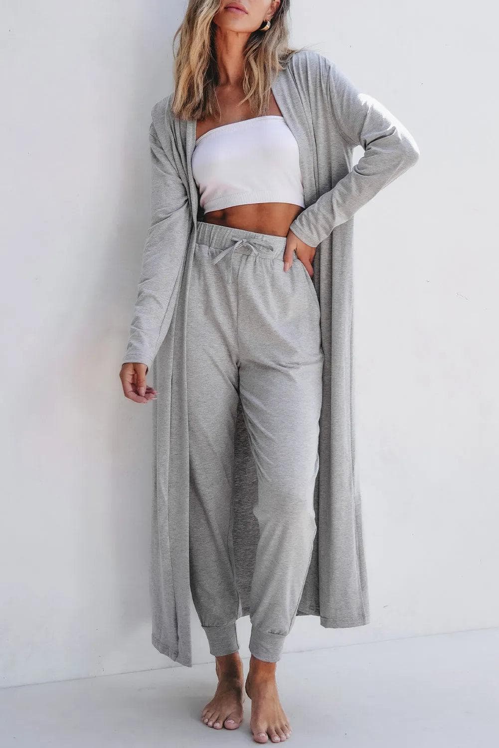Loungewear & Sleepwear/Loungewear Light Grey Split Long Cardigan and Skinny Pants Lounge Set