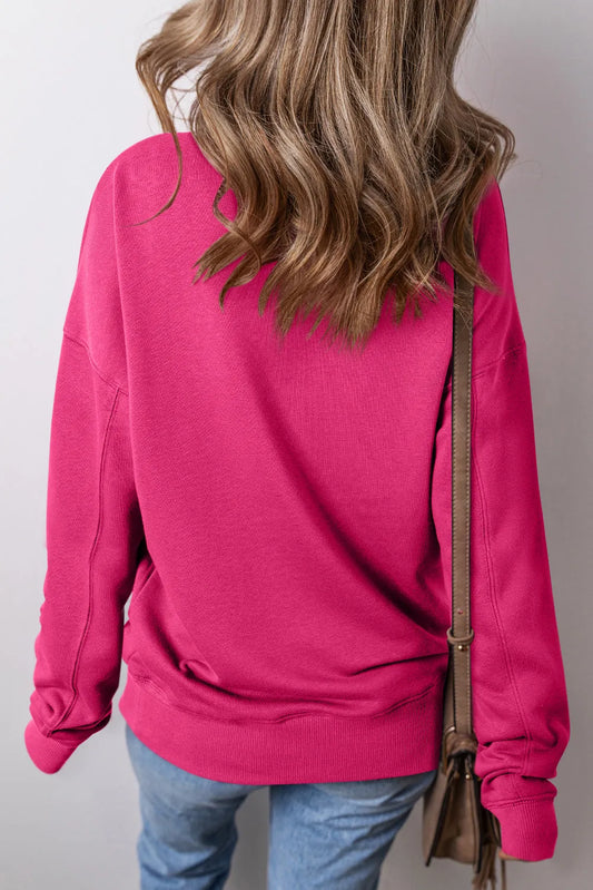 Rose Red Drop Shoulder Crisscross Stitching Pocketed Loose Sweatshirt - Chic Meadow Boutique