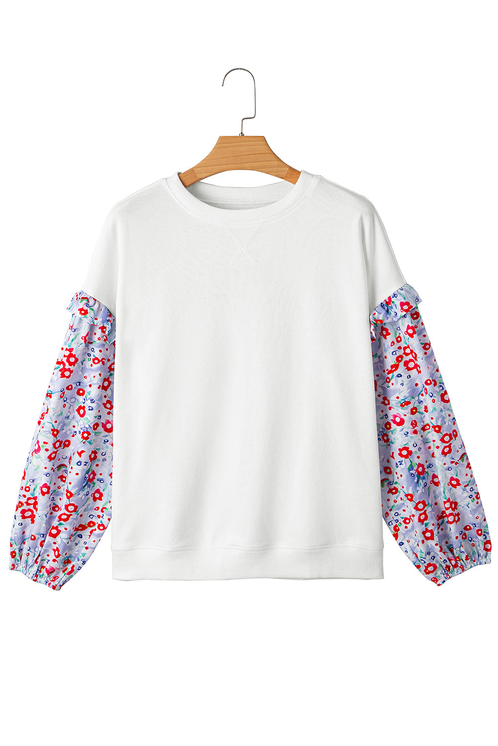 White Floral Ruffled Balloon Sleeve Patchwork Loose Blouse