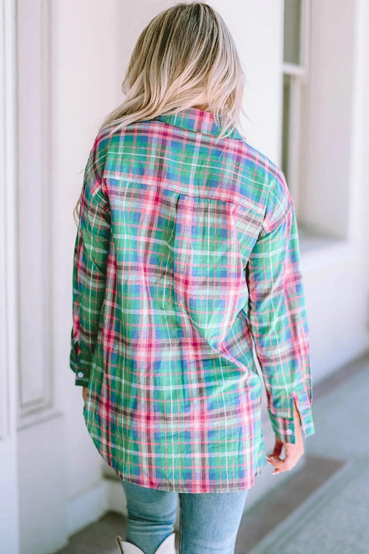 Tops/Blouses & Shirts Green Plaid Long Sleeve Button Down Split Shirt