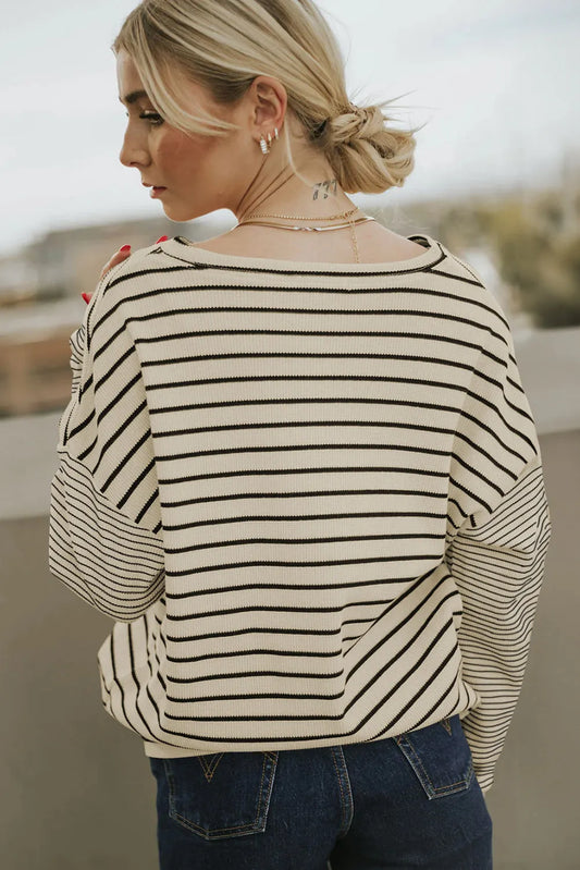 Black Striped Patchwork Loose Long Sleeve Tee - Chic Meadow Boutique
