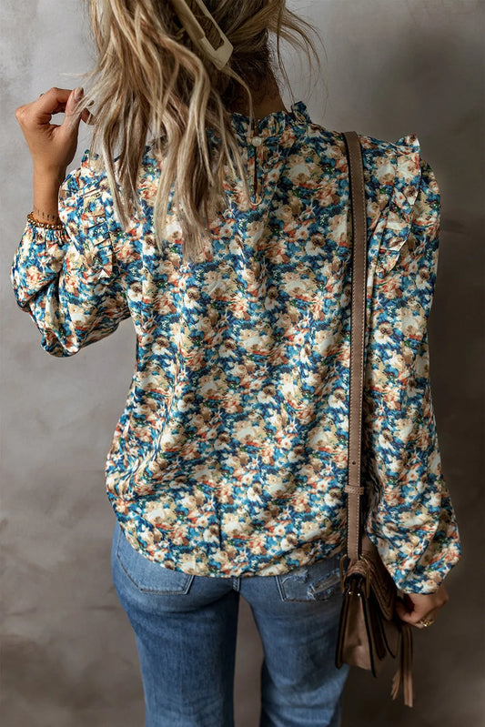 Sky Blue Floral Print Frilled Mock Neck Puff Sleeve Blouse - Chic Meadow Boutique