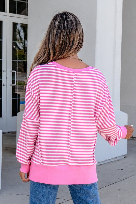 Pink Stripe Textured Knit Color Block Trim Split Hem Long Sleeve Top