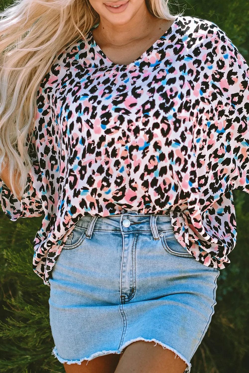 Tops/Blouses & Shirts Pink Multicolor Leopard Print V Neck Oversized Blouse