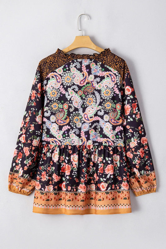 Black Plus Size Paisley Floral Print V Neck Bubble Sleeve Blouse - Chic Meadow Boutique