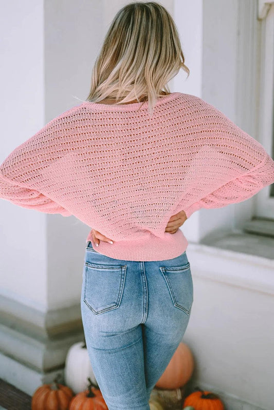 Tops/Long Sleeve Tops Pink Knitted Eyelets Round Neck Long Sleeve Top