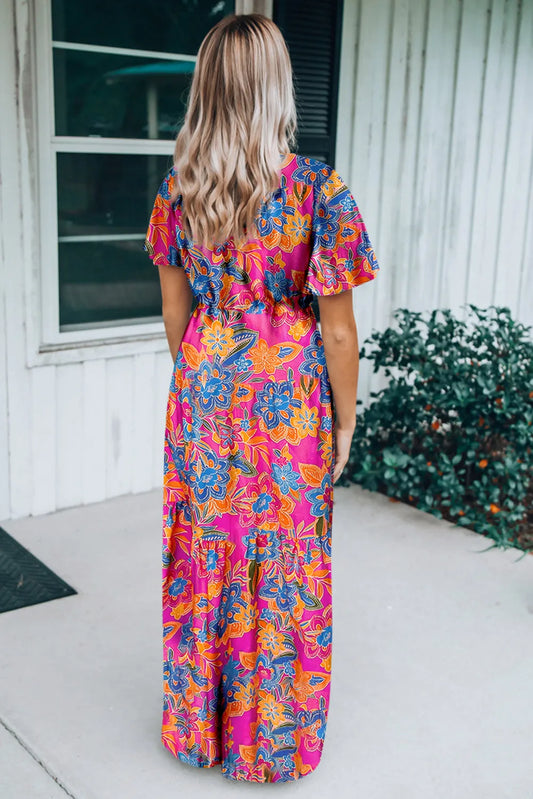 Rose Wrap V Neck Floral Maxi Dress - Chic Meadow Boutique