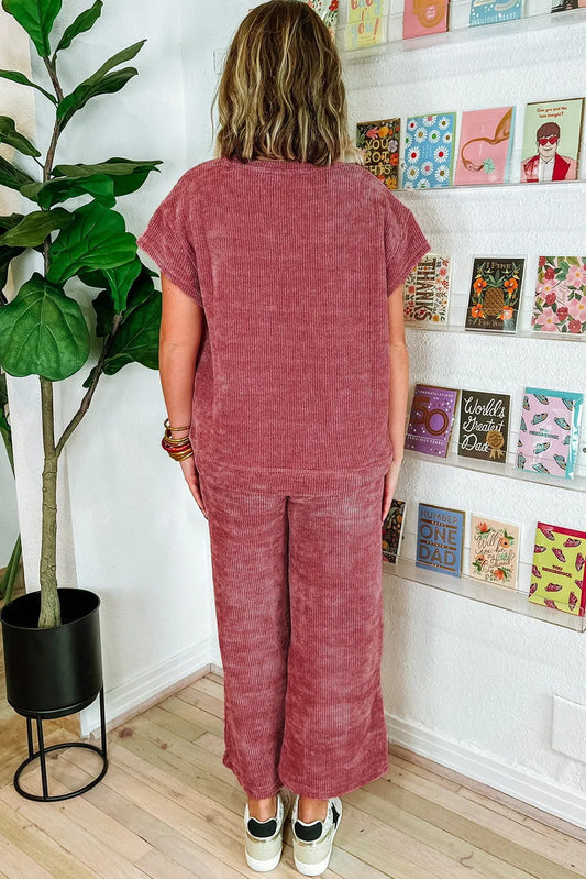 Rose Pink Mineral Wash Corduroy Short Sleeve and Crop Pants Set - Chic Meadow Boutique