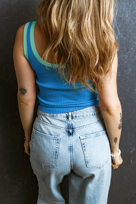 Blue Colorblock Edge Ribbed Knit U Neck Tank Top - Chic Meadow Boutique