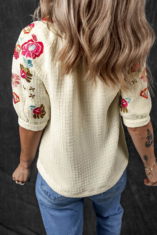 Beige Floral Embroidered Ricrac Puff Sleeve Textured Blouse - Chic Meadow Boutique