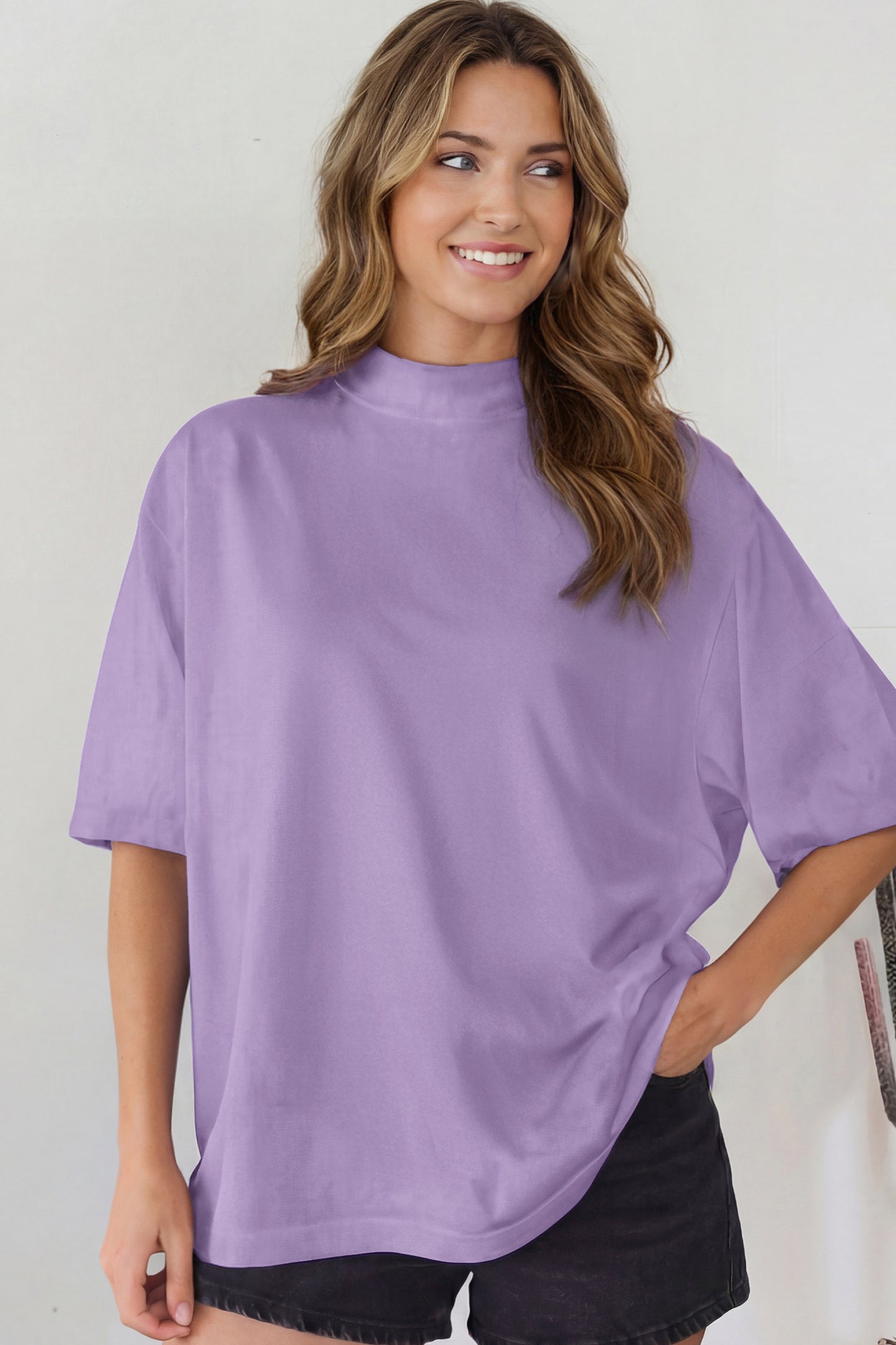 Wisteria Solid Color High Neck Oversize Tee
