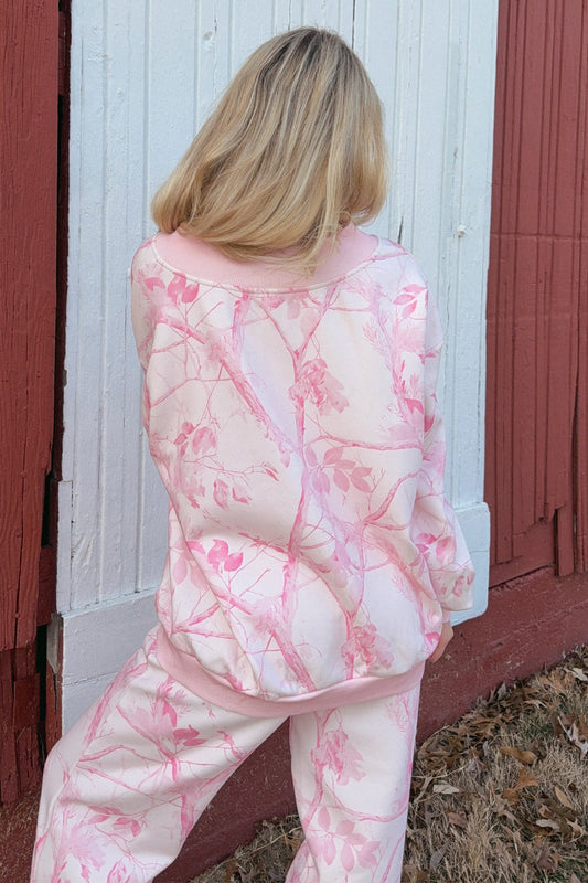 Pink Abstract Plant Print Long Sleeve V Neck Pant Set