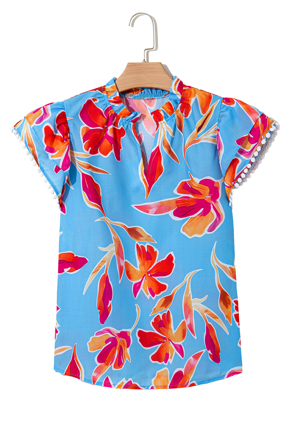 Sky Blue Floral Print V Neck Pompom Trim Flutter Sleeve Blouse