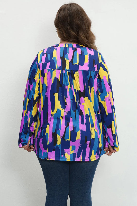 Blue Plus Size Brushstroke Print 3/4 Sleeve Blouse - Chic Meadow Boutique