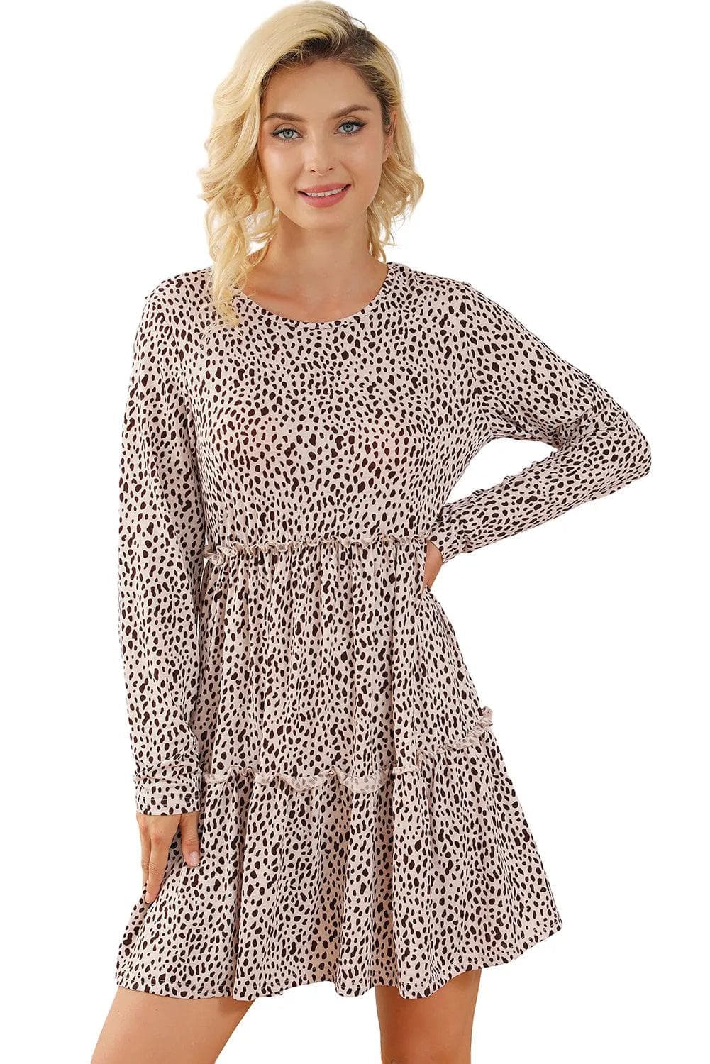 Dresses/Mini Dresses Leopard Animal Print Tiered Long Sleeve Dress