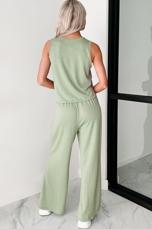 Smoke Green Textured Tank Top and Drawstring High Waist Pants Set