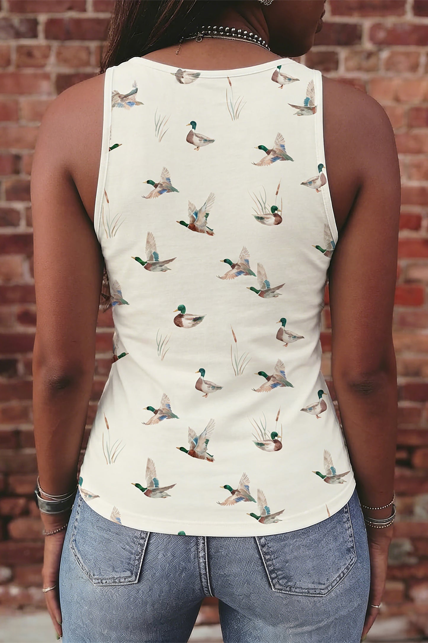 Beige Mallard Print Western Style Tank Top