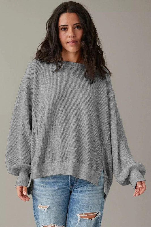 Tops/Long Sleeve Tops Gray Waffle knit Bishop Sleeve Split Oversized Top